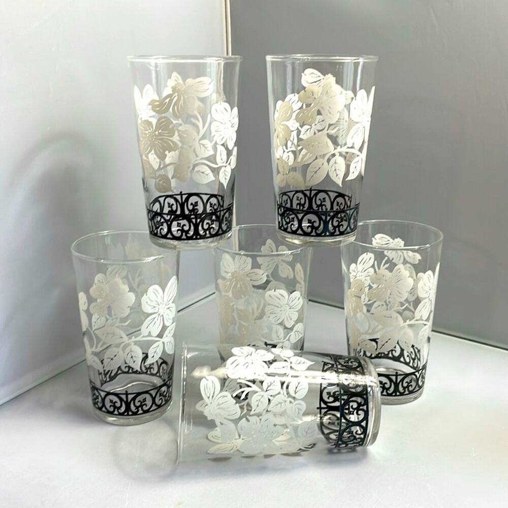 6 Vintage Federal Glass Juice Tumbler Glasses White Dogwood Flowers & Black Trim